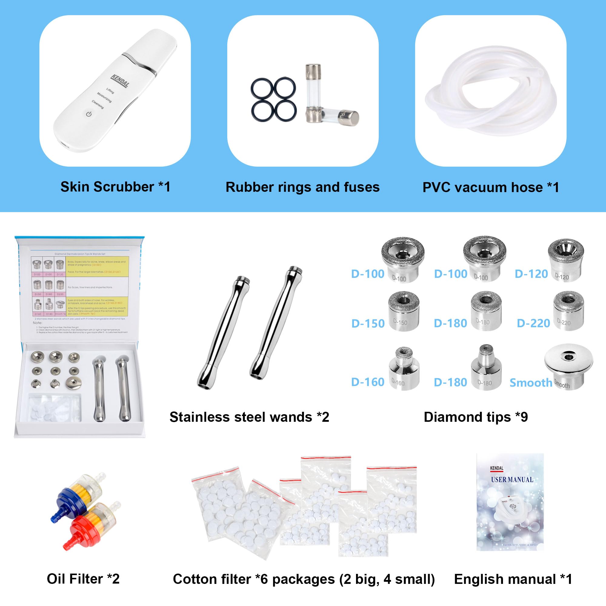 A Kendal professional diamond microdermabrasion machine with skin scrubber, rubber rings and fuses, PVC vacuum hose alongside accessories including two stainless steel wands, nine diamond tip, oil filter, cotton filter packages. It is an ideal device purchase.