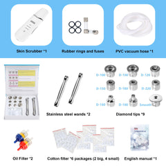 A Kendal professional diamond microdermabrasion machine with skin scrubber, rubber rings and fuses, PVC vacuum hose alongside accessories including two stainless steel wands, nine diamond tip, oil filter, cotton filter packages. It is an ideal device purchase.