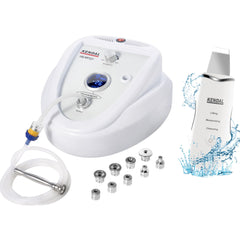 A Kendal professional diamond microdermabrasion machine with digital display, alongside accessories including two stainless steel wands, nine diamond tips, and a skin scrubber with vibration modes.