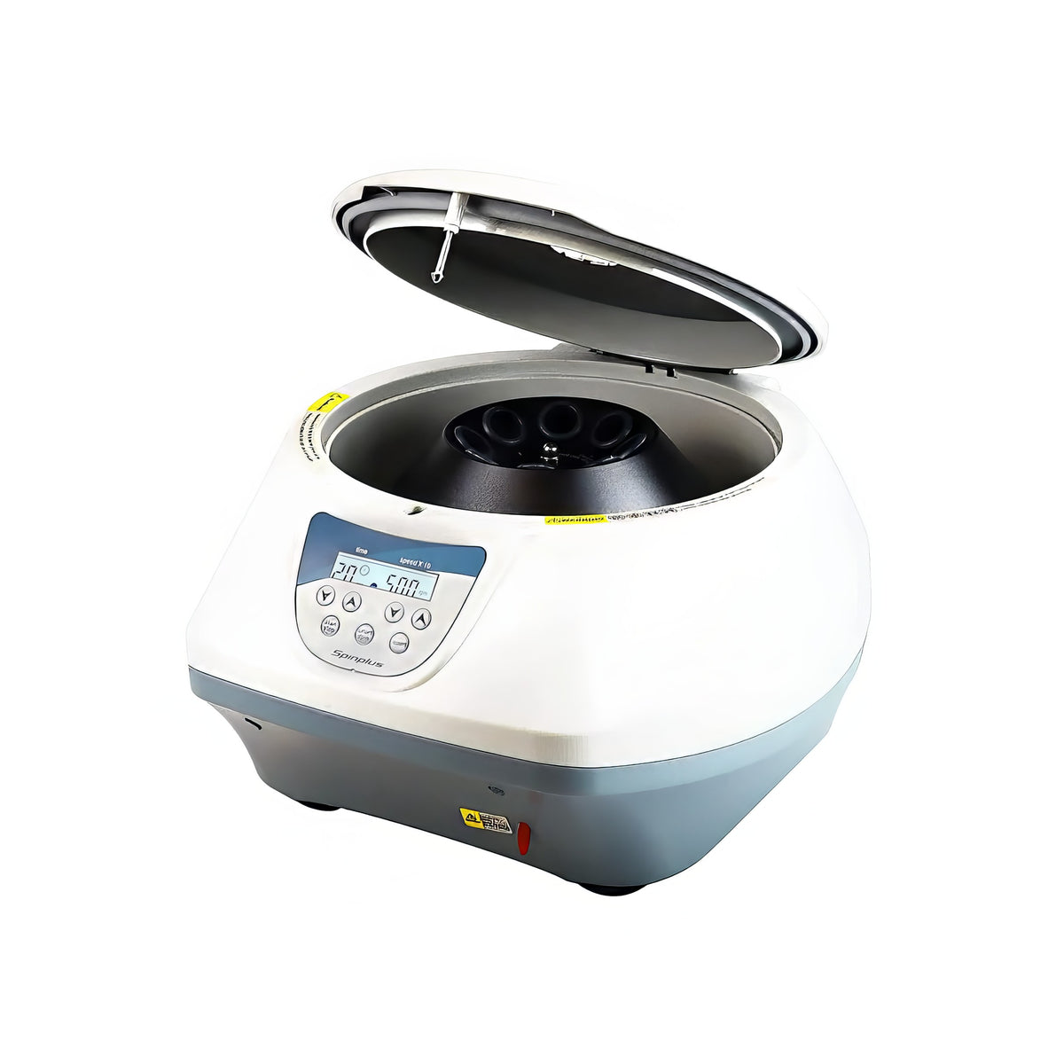 Laboratory centrifuge with open lid and rotor along digital control panel. It is an ideal lab device purchase.